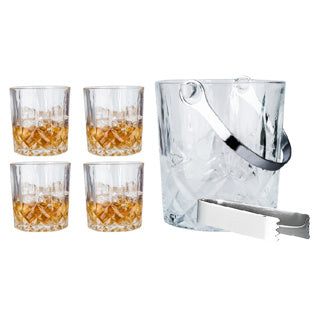 Verre de whisky avec 4 verres, seau à glace et gréement de glace