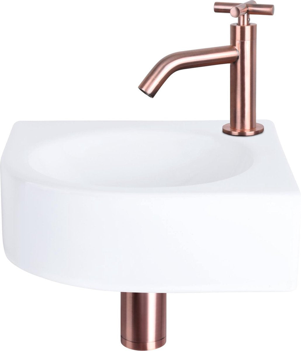 Differnz Ensemble fontaine Cleo - céramique - robinet croix cuivre rouge - 30 x 30 x 10 cm