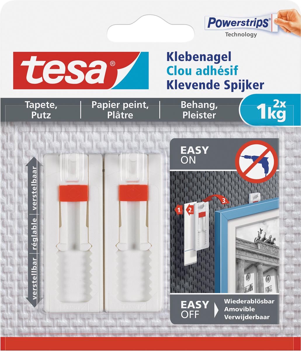 Tesa - 77774 - clou adhésif réglable pour papier peint et plâtre - jusqu'à 1kg - 8x 2 pièces