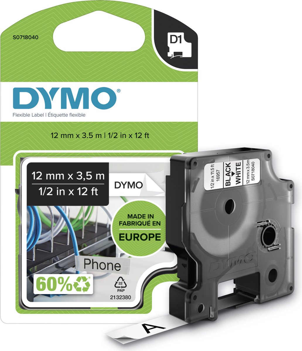 Étiquettes Dymo originales d1 en nylon flexible et durable | texte noir sur étiquette blanche | 12 mm x 3,5 m | étiquettes autocollantes pour l'imprimante d'étiquettes Label Manager | fabriqué en europe