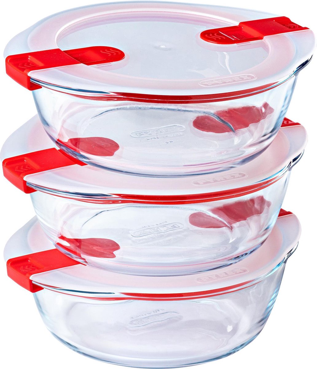 Pyrex - bol chauffant rond avec couvercle - capacité chacun 1,1 litre - lot de 3 pièces - transparent rouge blanc