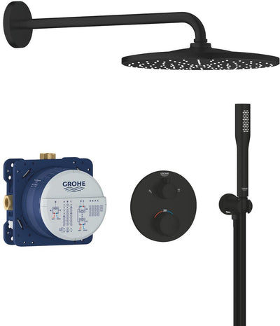 Douche à encastrer de précision Grohe - avec robinet thermostatique - douche de tête vitalio rain mono 310 (1 type de jet) douchette à main vitalio get stick (1 type de jet) - design rond - noir mat