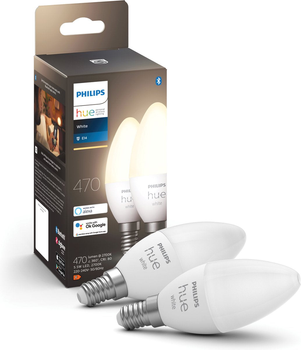Source lumineuse de lampe bougie Philips Hue E14 - lumière blanche douce - 5,2W - Bluetooth - 2 pièces