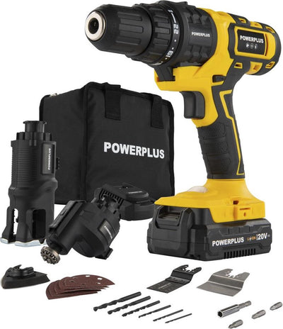 Outil combiné à batterie Powerplus 5 en 1 POWX00550 - Outil multifonction 20 V - Vissage, perçage, sciage, ponçage et grattage - Outils de bricoleur - avec batterie, chargeur et 25 batteries.