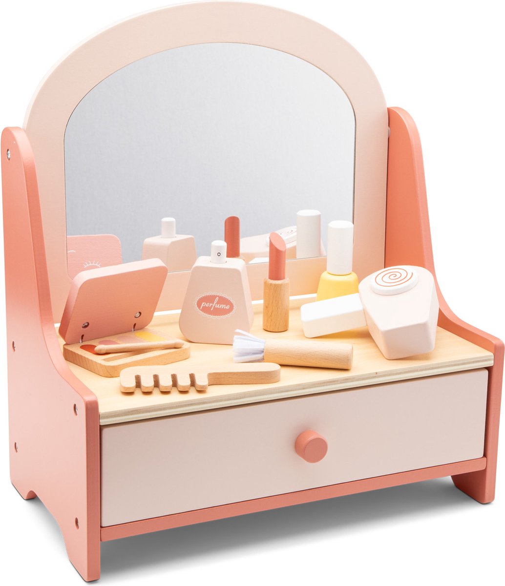 Coiffeuse jouet en bois Woet ® - table de maquillage rose avec miroir 7 accessoires - jeu de rôle pour enfants - à partir de 3 ans