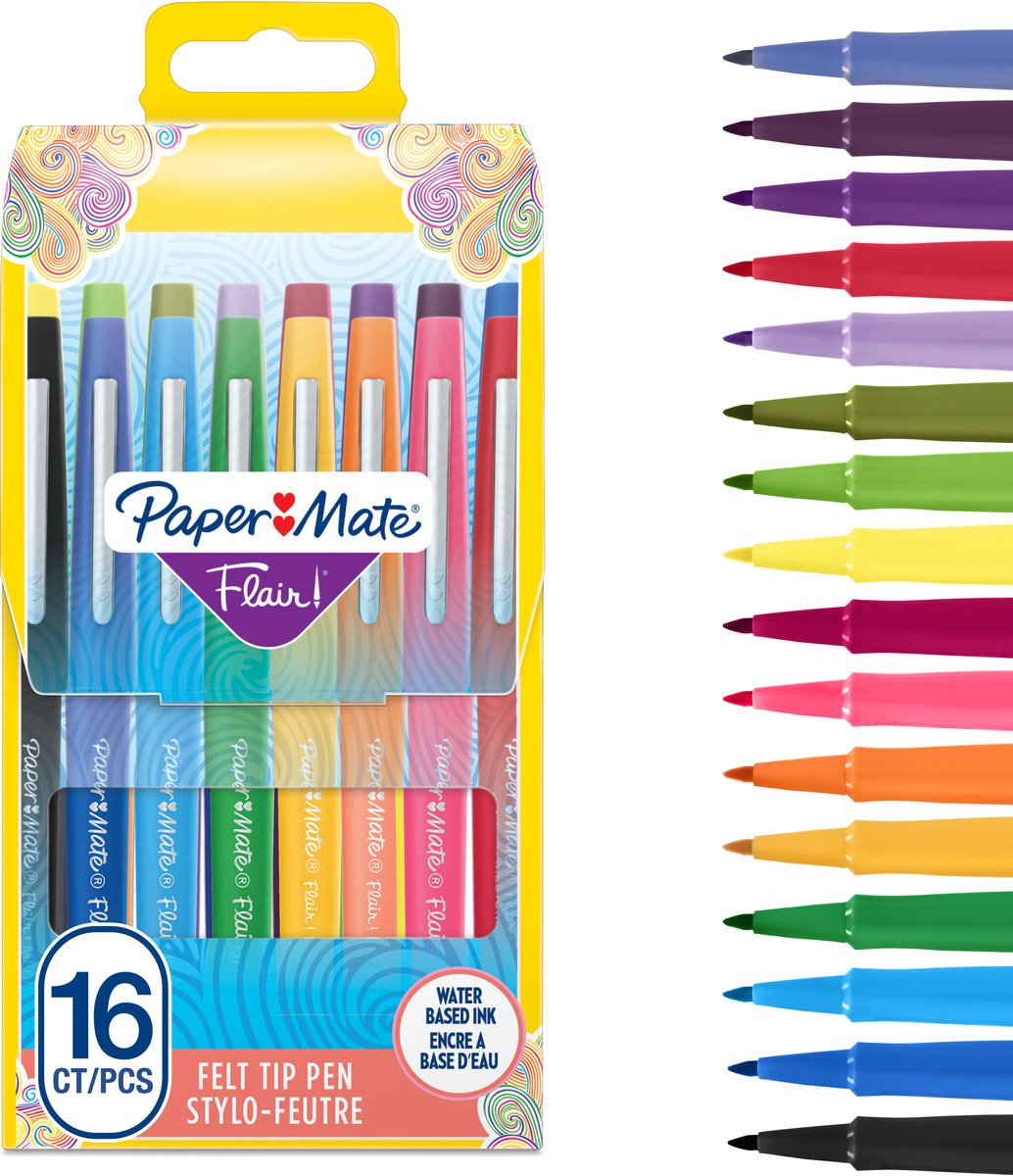 Feutres Paper Mate Flair | pointe moyenne (0,7 mm) | différentes couleurs | caisse de 16 pièces