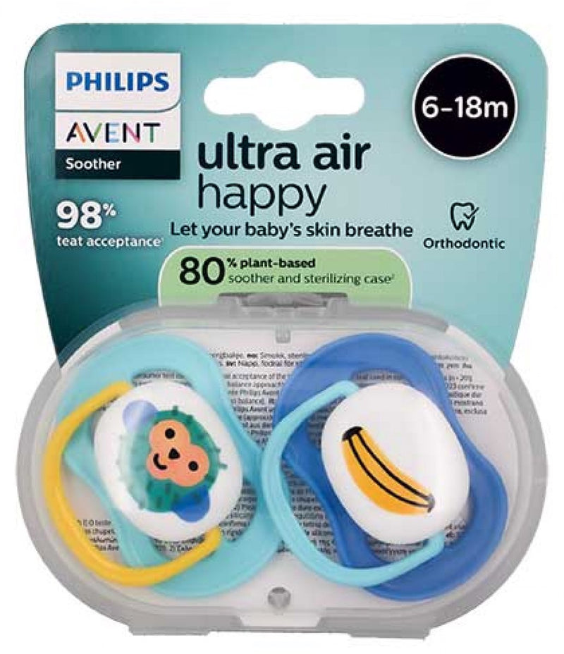 Philips avent avent ultra air happy 2 sucettes orthodontiques 6-18 mois (modèles : singe et banane)