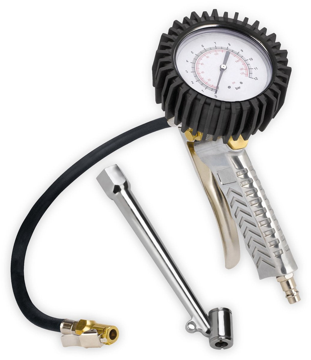 Pompe de gonflage des pneus avec manomètre professionnel Einhell - pression de service : 0-8 bar - longueur du tuyau : 44 cm - incl. valve de reniflard, bouchon de valve, adaptateur professionnel de pression des pneus