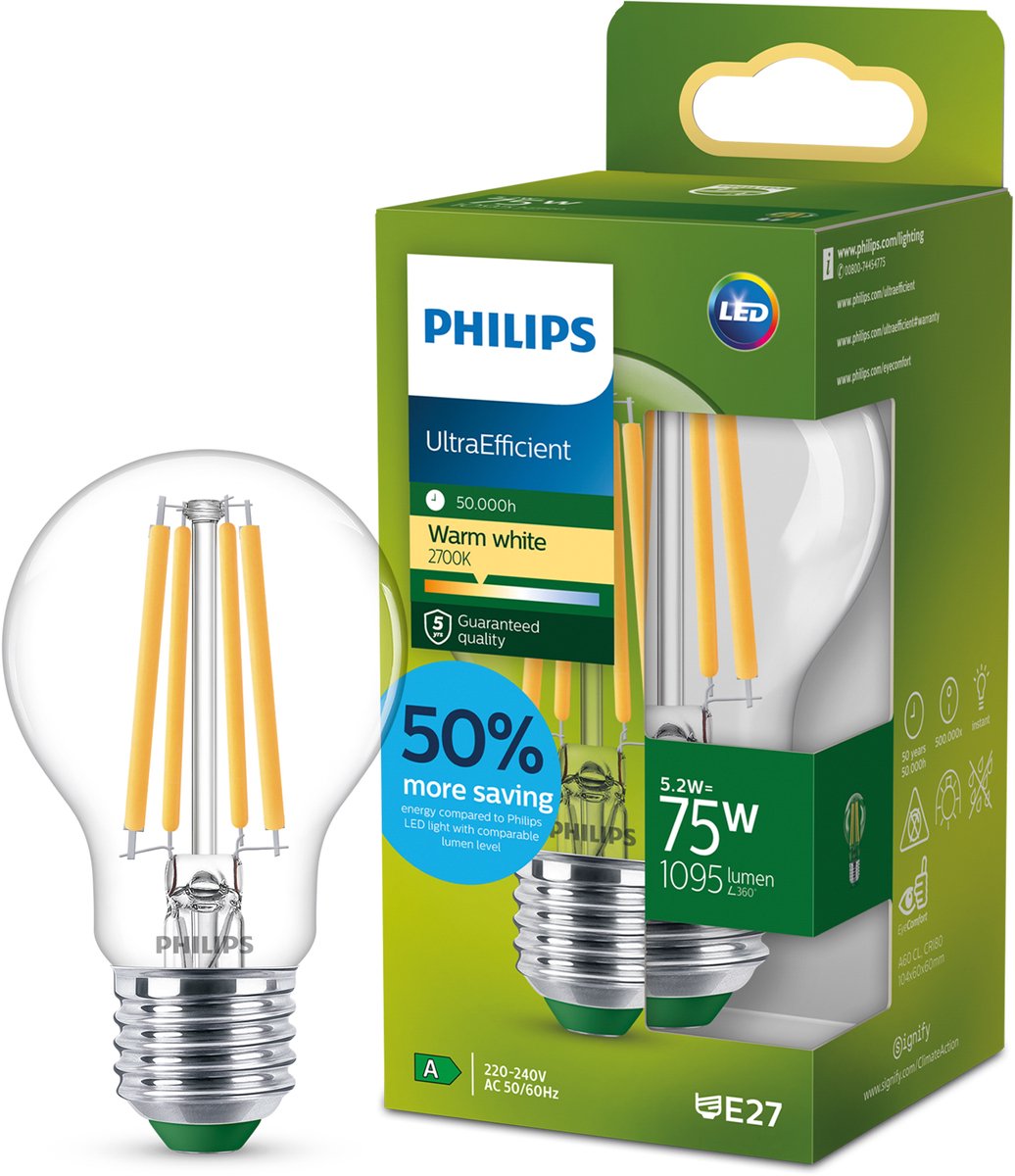 Philips LED Lampe LED ultra-efficace Philips - 75w - culot E27 - lumière blanc chaud : 2700k - dimmable - verre dépoli - forme de lampe A60 - longue durée de vie