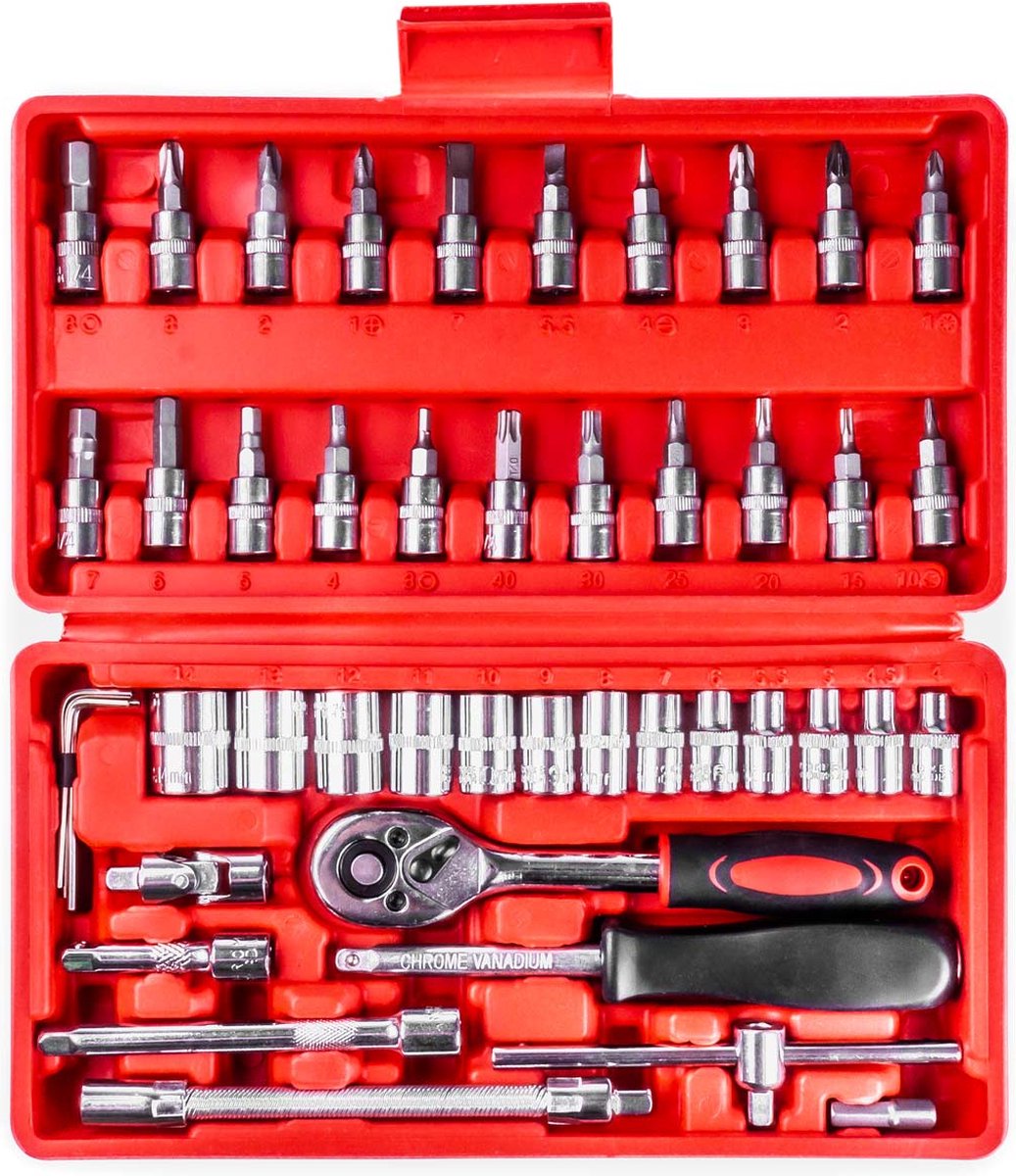 Jeu d'outils de réparation de clés à cliquet et de clés à douille Amio (46 pièces) en acier CR-V de haute qualité dans un coffret rouge