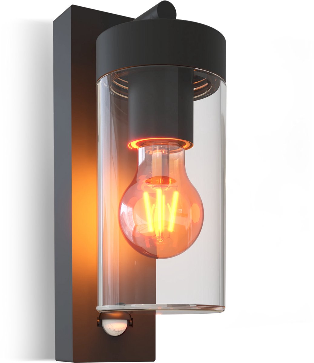 Calex Applique LED Perugia - E27 - IP44 résistant aux éclaboussures - noir - détecteur de mouvement - aluminium - industriel - moderne