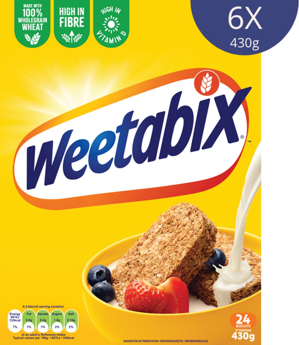 Weetabix original - 6x 430 grammes - céréales complètes pour le petit-déjeuner - nutriscore a - riche en fibres
