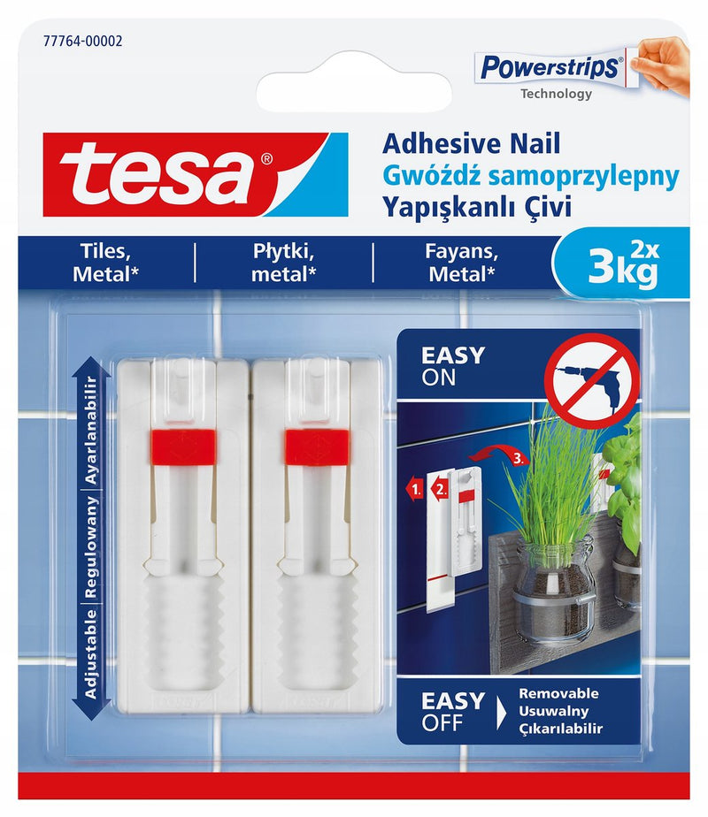 Clou autocollant réglable Tesa ® - pour carrelage métallique - 2 pièces - capacité de charge jusqu'à 3 kg par clou - sans perçage - blanc