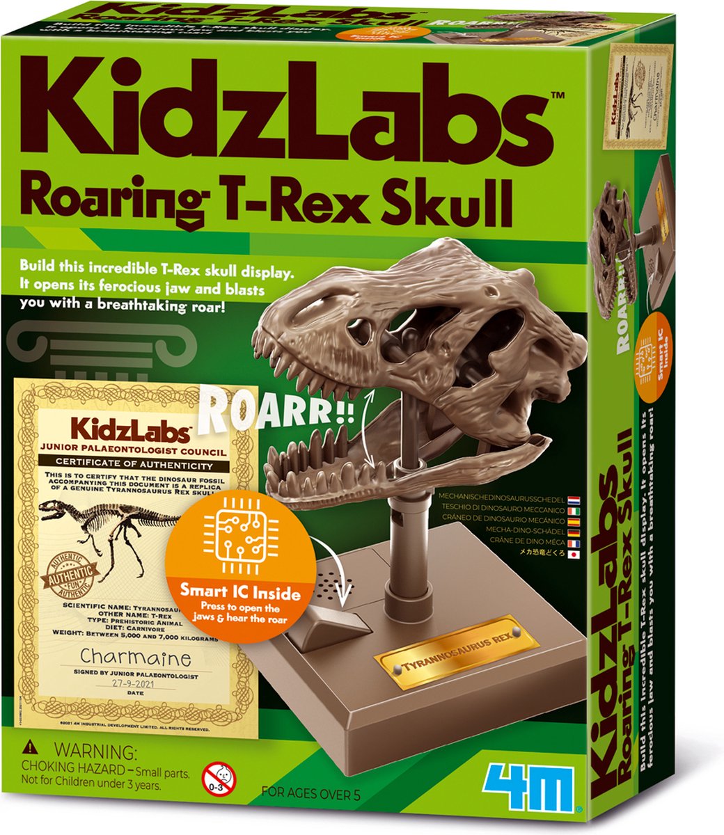 4m science et jeux - fabriquer un crâne de t-rex rugissant - kit de construction de dinosaures - kidzrobotix - 5+