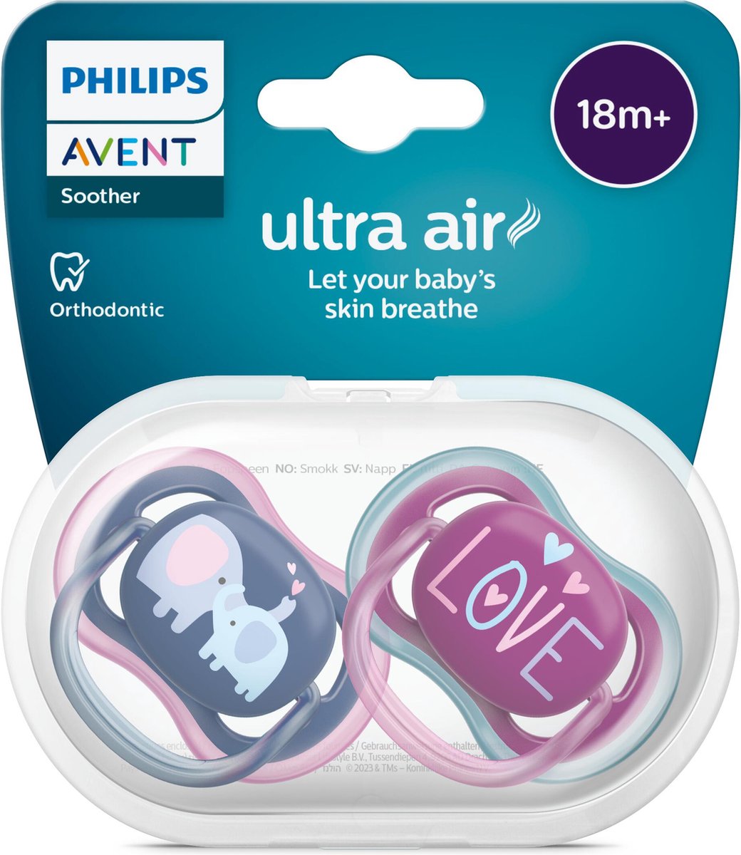 Sucette Philips avent ultra air - plus de 18 mois - 2 sucettes - amour éléphant bleu foncé violet - scf349 22