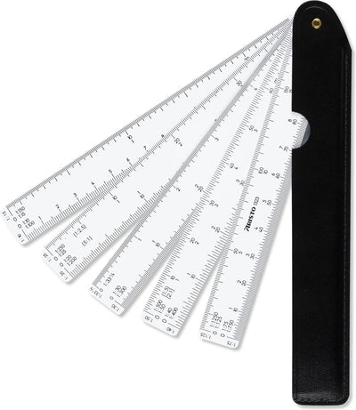 Règle d'éventail Aristo - longueur 25 cm - 1:10 :15 :20 :25 :30 :33 1 3 :40 :50 :75 :125 - plastique blanc - étui en cuir durable - ar-1323