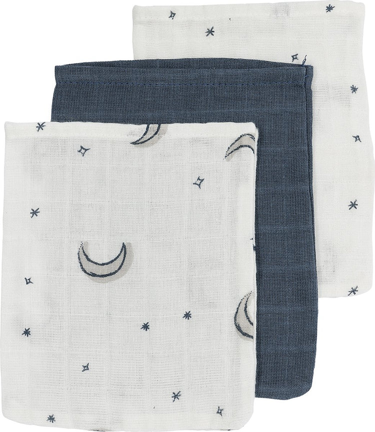 Débarbouillettes Meyco baby moon - pack de 3 - hydrophiles - indigo - 20x17cm