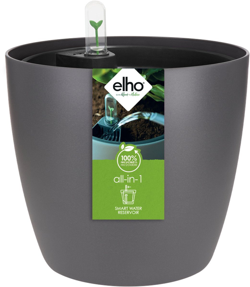 Elho tout-en-1 bruxelles round 18 + swi 17 - pot de fleur avec compteur d'eau - 100% plastique recyclé - ø 18 cm - anthracite