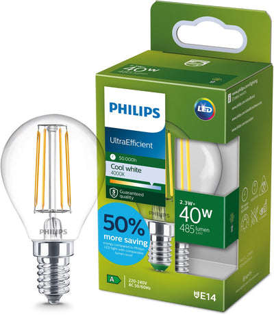 Philips LED Lampe boule LED ultra efficace Philips transparente - 40 W - E14 - lumière blanc froid - classe énergétique a