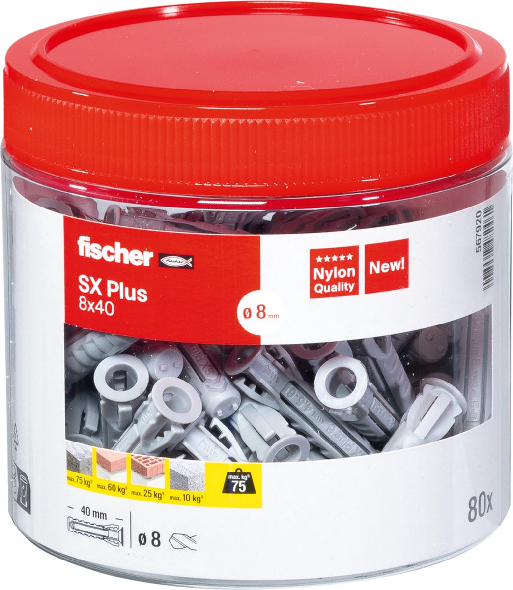 Fischer sx plus 8×40 – cheville en nylon pour béton et maçonnerie | 80 pièces