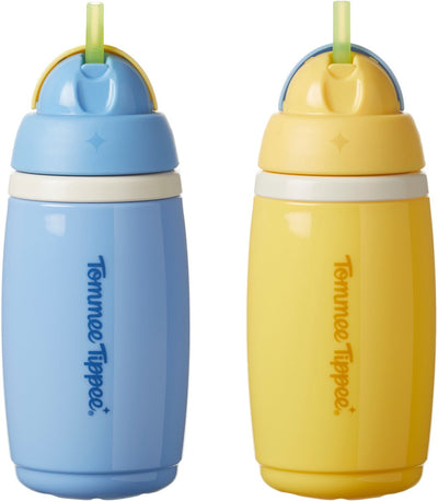 Tommee tippee gobelet isotherme avec paille active - 2 pièces - 266 ml - gourde anti-fuite pour tout-petits à partir de 12 mois - bleu et jaune