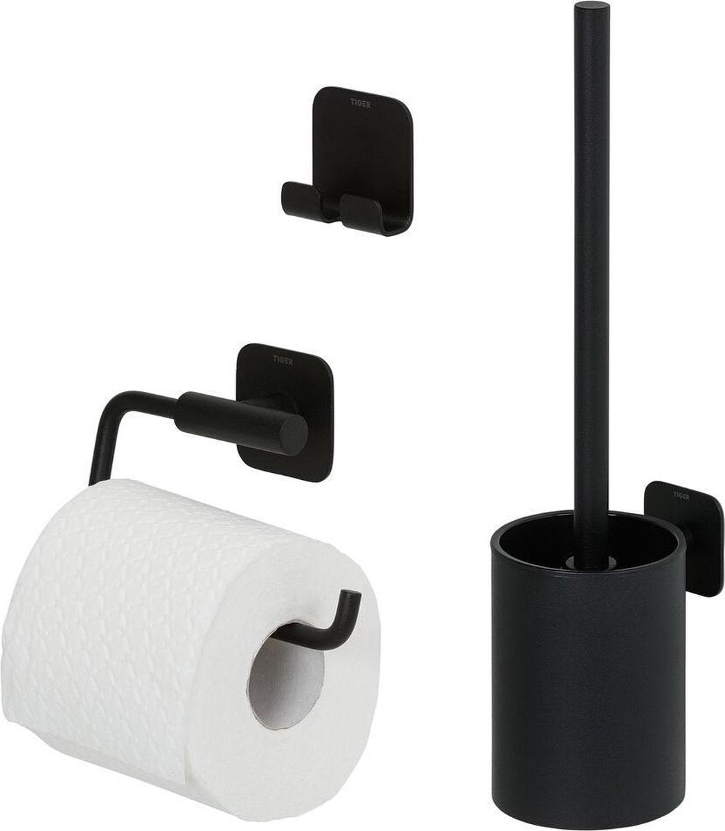 Col Tigre - ensemble d'accessoires de toilette - brosse de toilette avec support - porte-rouleau de papier toilette sans rabat - crochet à serviette - - noir