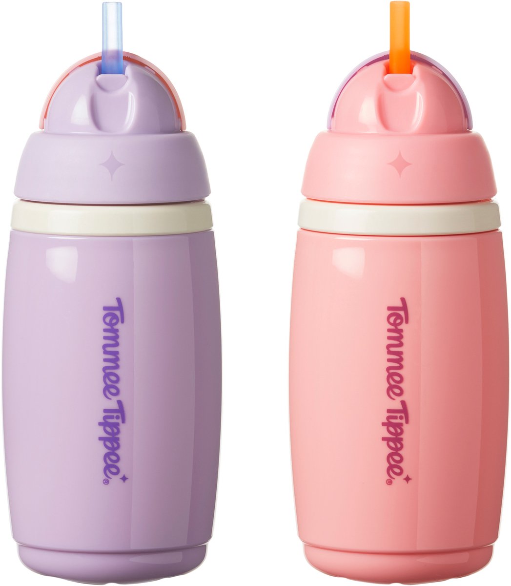 Tommee tippee gobelet isotherme avec paille active - 2 pièces - 266 ml - gourde anti-fuite pour tout-petits à partir de 12 mois - rose et violet