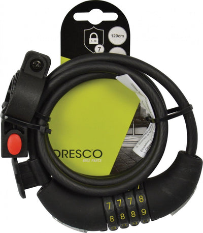 Câble antivol Dresco 120 8 codes - serrure à combinaison spirale - 120cm - rond 8mm - avec support - noir