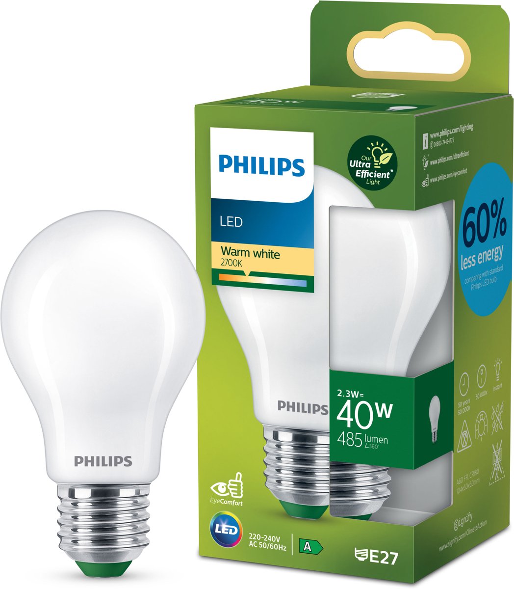 Philips LED Lampe LED Philips ultra efficace mate - 40 W - E27 - lumière blanc chaud