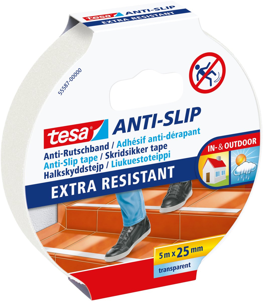 Tesa Ruban adhésif antidérapant pour escaliers, échelles, sols, intérieur, extérieur, autocollant – Transparent 5 m x 25 mm
