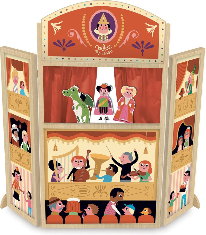 Théâtre de marionnettes Vilac ingela p. arrhenius avec poupées silhouette - jouets en bois colorés.