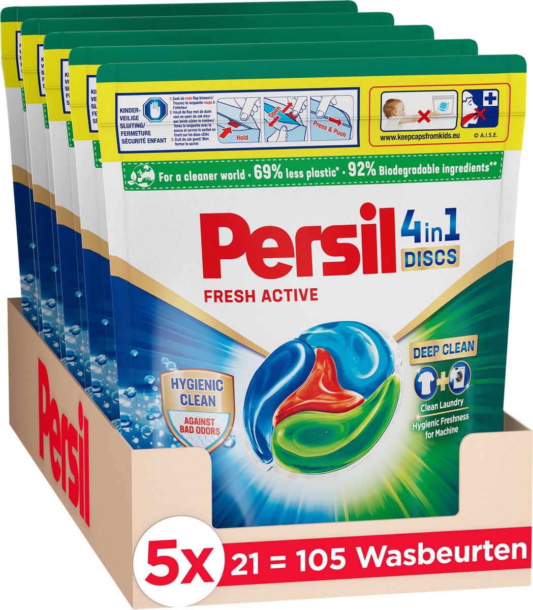 Persil Discs Fresh Active - Capsules de lavage - Détachage puissant - Nettoyage hygiénique - Pack économique - 5 x 21 lavages