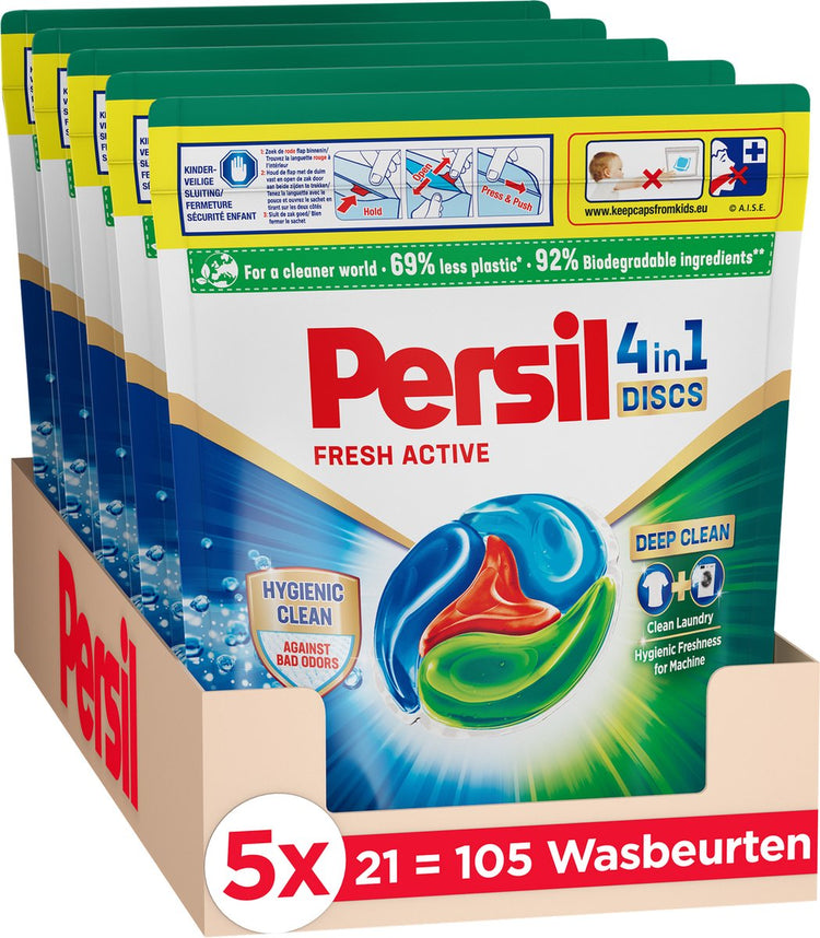 Persil Discs Fresh Active - Capsules de lavage - Détachage puissant - Nettoyage hygiénique - Pack économique - 5 x 21 lavages