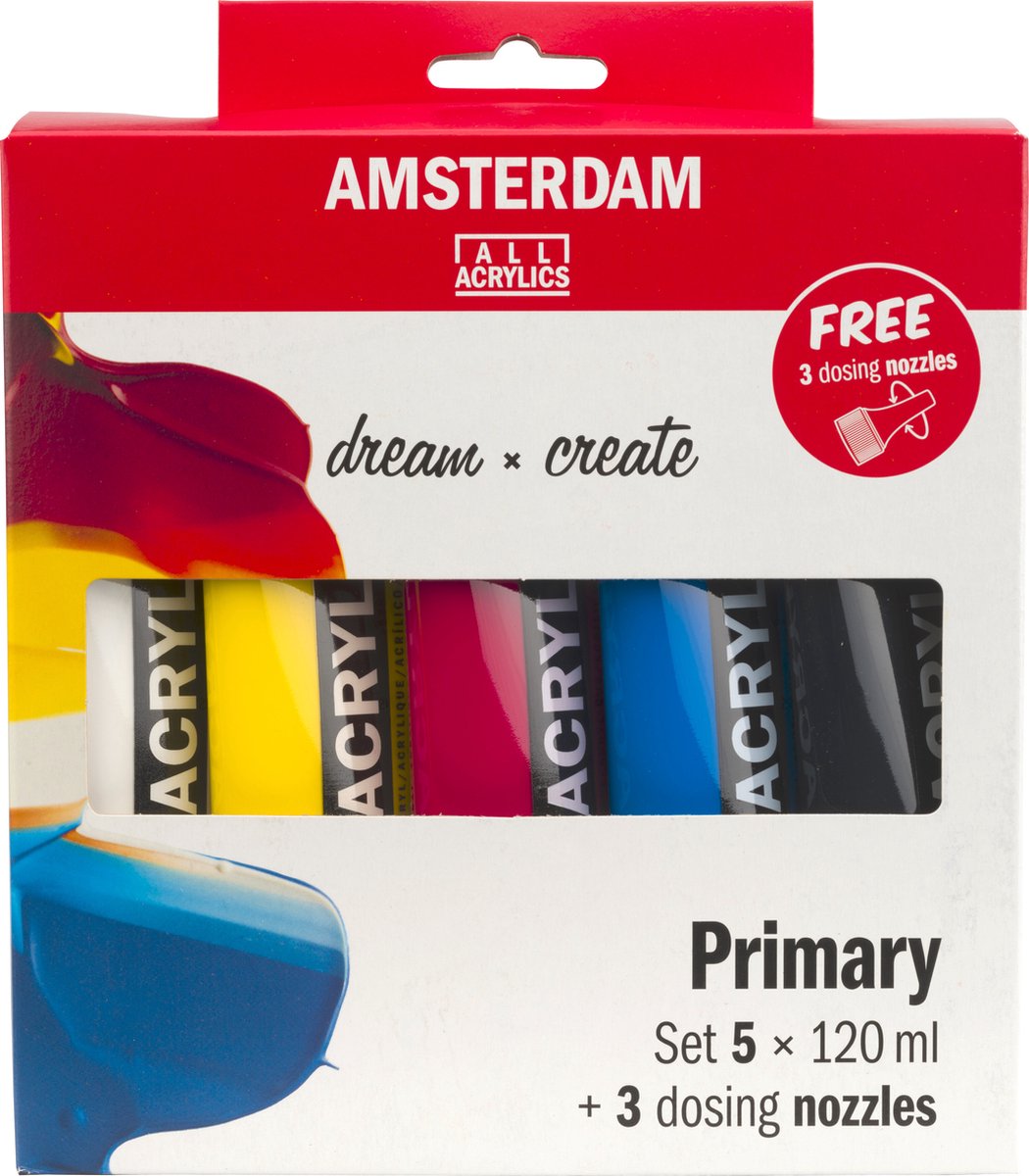 Ensemble primaire de peinture acrylique Bruynzeel Amsterdam série standard 120 ml, 5 pcs. + 3 becs doseurs