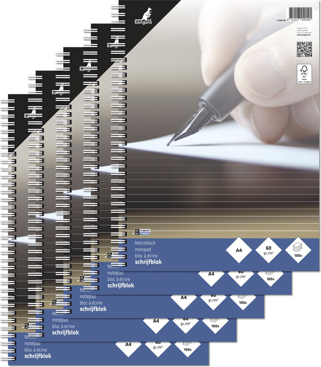 Bloc d'écriture Kangaro - a4 - avec ligne - spirale - 60 grammes - 200 pages - 5 pièces - k-5504-sp-5