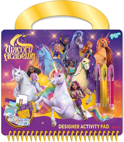 Totum unicorn academy designer livre d'activités dessin, écriture, autocollants - livre de vacances jouets créatifs pour filles à partir de 3 ans