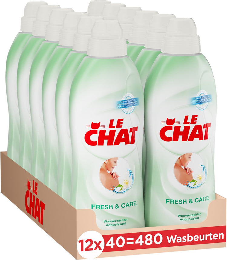 Adoucissant Le Chat - Soin Fraîcheur - Peau Sensible - Douceur et Confort - Contre les irritations cutanées - Pack économique - 12 x 40 lavages