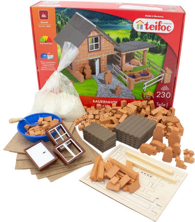 Coffret de construction Teifoc ® - Ferme - 230 pièces - Véritables mini briques avec ciment, bol et truelle - Kit de construction pour enfants à partir de 6 ans