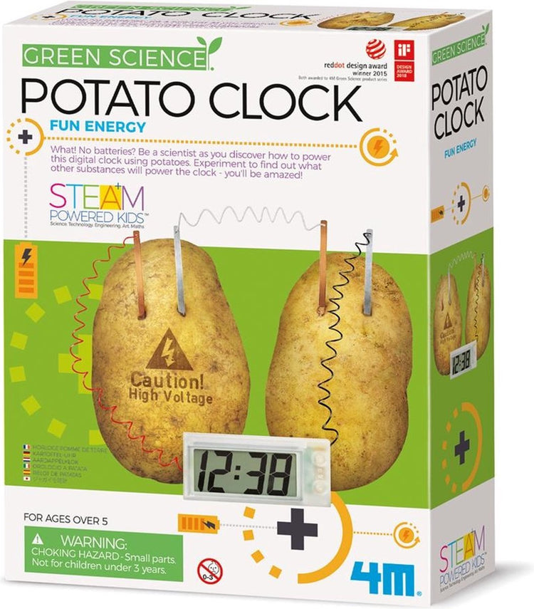 4m science et jeux - fabriquez votre propre horloge pomme de terre - kit de construction - kidzlabs - science verte - 5+