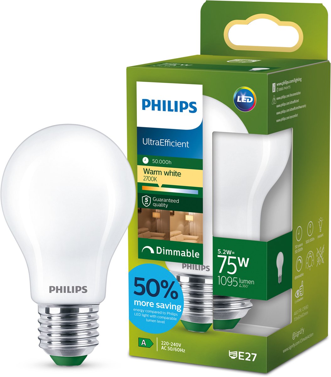 Philips LED Lampe LED ultra-efficace Philips - 60W - culot E14 - lumière blanc chaud : 2700k - verre transparent - lampe boule P45 - longue durée de vie