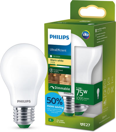 Philips LED Lampe LED ultra-efficace Philips - 60W - culot E14 - lumière blanc chaud : 2700k - verre transparent - lampe boule P45 - longue durée de vie