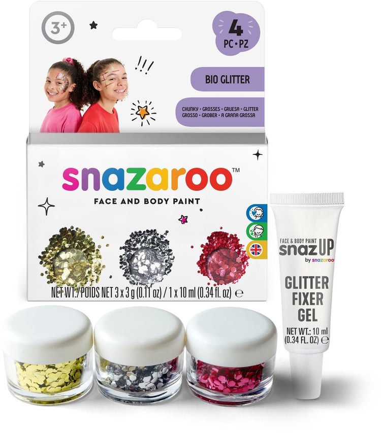 Snazaroo 1172244 Bio Glitter Set Chunky – Paillettes pour le visage, les poils du corps – 3 couleurs + gel fixateur – Paillettes de festival, lavables sans danger pour la peau