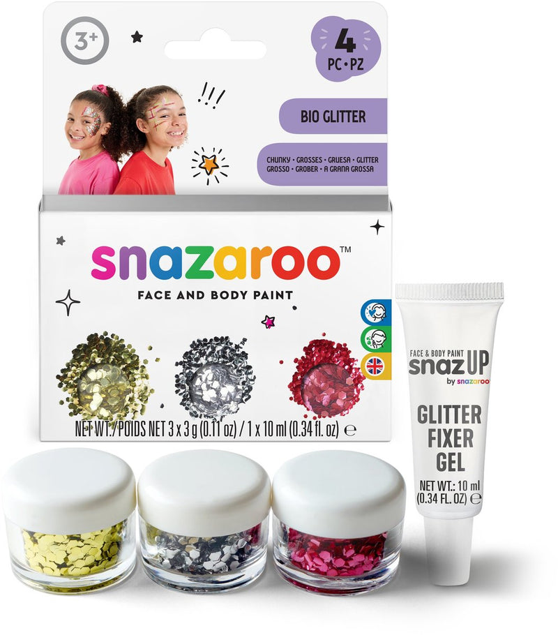 Snazaroo 1172244 Bio Glitter Set Chunky – Paillettes pour le visage, les poils du corps – 3 couleurs + gel fixateur – Paillettes de festival, lavables sans danger pour la peau