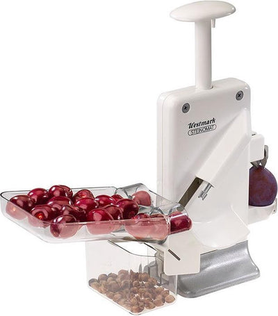 Dénoyauteur de cerises et de prunes Westmark, dénoyauteur multiple : pour 2 fruits en même temps, hauteur : 32,5 cm, plastique acier inoxydable aluminium, steinomat, blanc argent, 40602260