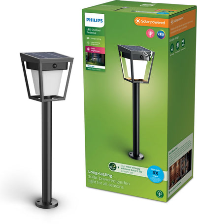 Philips LED Lampe sur pied Philips Nissa - LED ultraefficace - lampe solaire d'extérieur - lumière chaude et brillante ; 3000k - noir - détecteur de mouvement - capteur crépusculaire - éclairage d'allée de jardin - énergie solaire