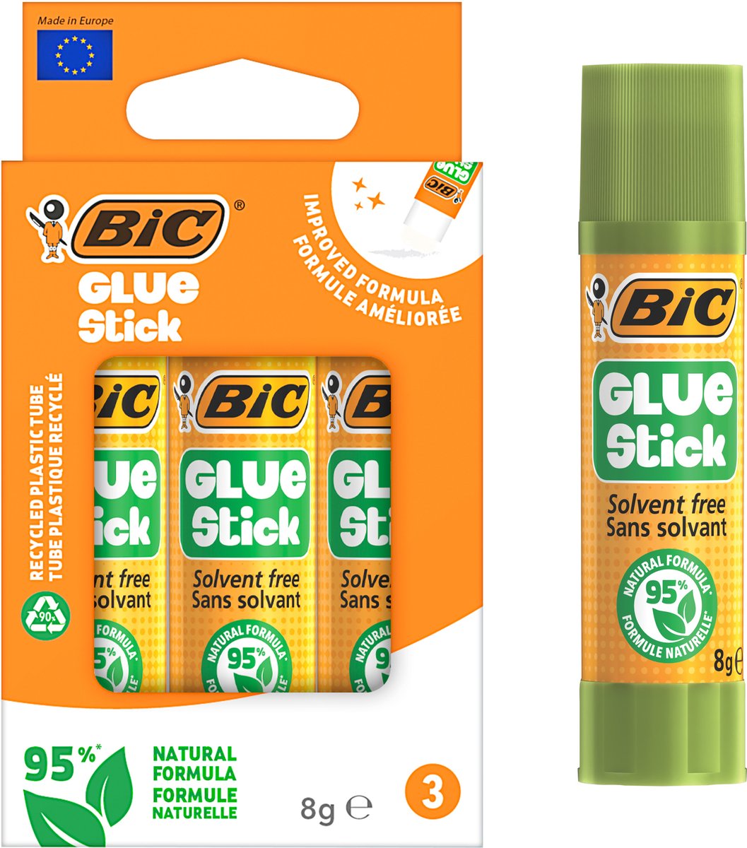 Bic ecolutions bâton de colle 8g - 3 pièces - 95% naturelle - mini colle école bricolage