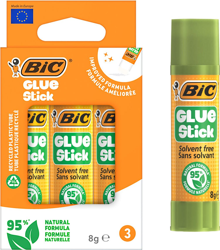 Bic ecolutions bâton de colle 8g - 3 pièces - 95% naturelle - mini colle école bricolage