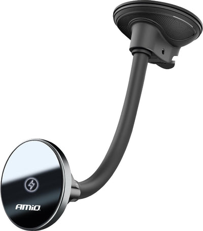 Support de téléphone magnétique Amio avec chargeur sans fil qi 15w et magsafe - bras réglable et ventouse noir