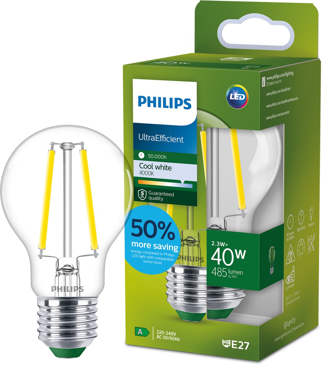 Philips LED Lampe LED ultra-efficace Philips - 75w - culot E27 - lumière blanc chaud : 2700k - dimmable - verre transparent - forme de lampe A60 - longue durée de vie