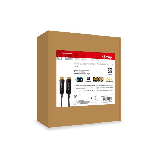 Équipement 119430 HDMI 2.0 Câble optique actif, HDMI Type A -> HDMI Type A 3D, 18 Gbit S, 30m, noir